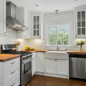 image of a newly remodeled kitchen with appliances, flooring, countertops and backsplash