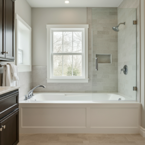 image of a remodeled bathroom with a shower/tub combination, natural stone floor tiling, light grey natural tiling on the walls, a window by the tub, and wooden cabinetry